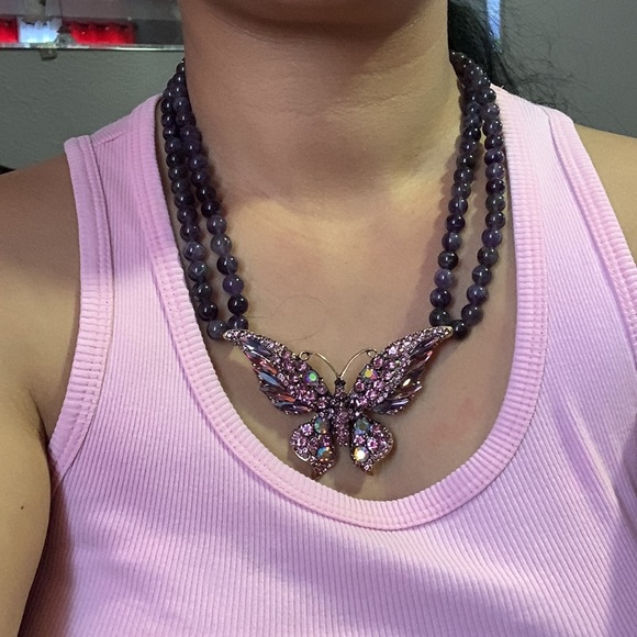 Gorgeous Amethyst Gemstones and crystal butterfly necklace - Picture 5 of 9